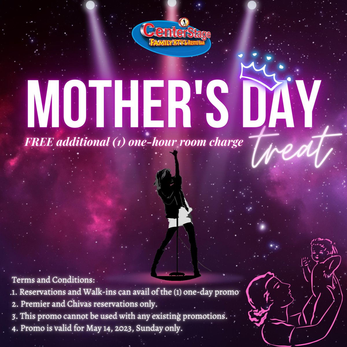 Create the best MOMents at Centerstage KTV this Mother's Day.

Get (1) One-hour free extension free on May 14, 2023, if you book our Premier and Chivas Room at Centerstage KTV!

Terms and Conditions apply.
#CelebrateAtCenterstage #CenterstageFamilyKTV #CenterstageMOA #KTVmanila