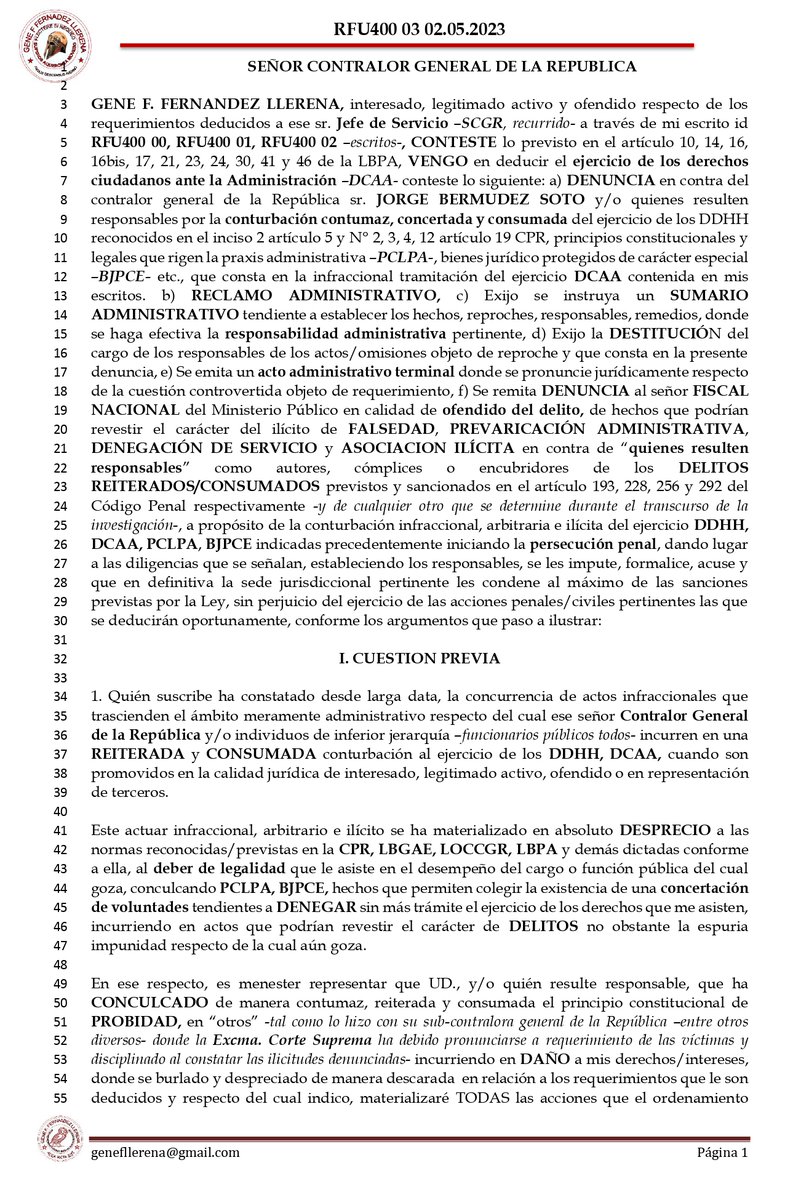 gene_llerena's tweet photo. 15. DENUNCIANDO en sede administrativa al sr. contralor general @contraloriacl y PENAL ante el sr. Fiscal Nacional eventuales DELITOS deduciendo: a) reclamo administrativo, b) sumario administrativo c) destitución responsables, d) reiterando c/u requerimientos previos etc. https://t.co/KTJVBGgf3C