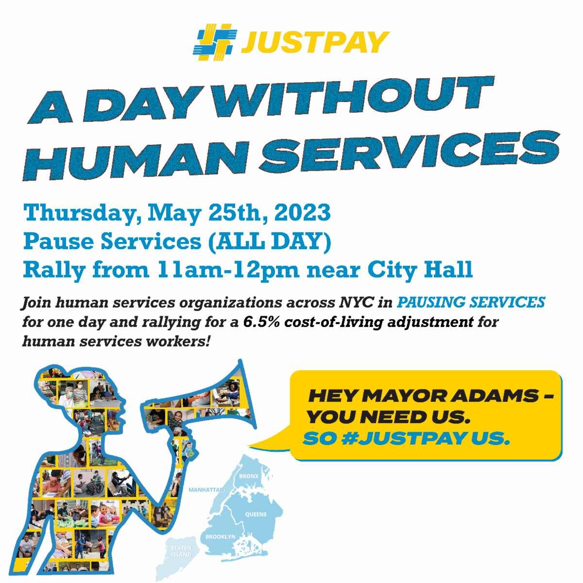 125,000 workers and 8.5 million New Yorkers are impacted by today’s #DayWithoutHumanServices. As staff turnover forces more programs to close, this might become a reality if @NYCMayor doesn’t #JustPay human services workers in the City budget! @HenryStreet @CAMBAInc @VOAgny