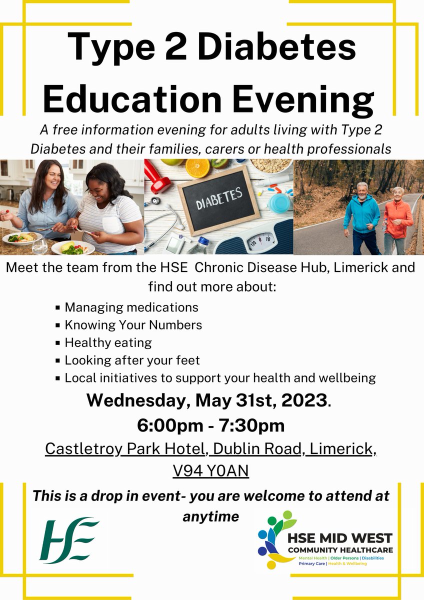 CommHealthMW's tweet image. The team from our @CommHealthMW HSE Limerick Chronic Disease Team will be on hand to offer advice, support and answer your questions at this FREE Type 2 Diabetes Education Evening.

📌 Castletroy Park Hotel, Limerick, V94 Y0AN
⌛️Wednesday 31st May, 6:00-7:30pm

Details below:
