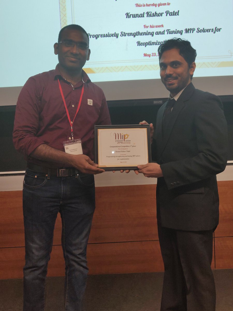 Congratulation to Krunal Patel to win the computational competition in the MIP workshop this year!