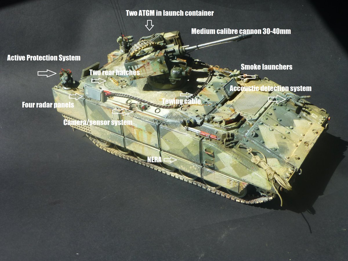 DarthFreder's tweet image. Choose to reuse: #PzH2000 to HIFV conversion. 1/35. Dropped the turret, added NERA, APS, smoke, accoustic detector, radar/optical #sensors, a 30 to 40mm #RCWS with #MG and twin #missiles. And enough room for 10+ dudes.
@ahlenbjoern @zukariel @Thinkdefence
1/2