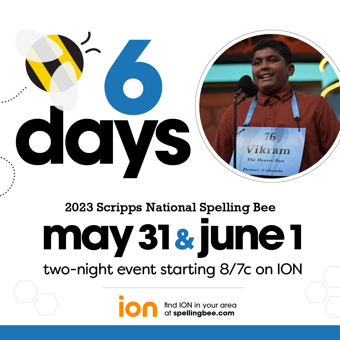 ScrippsBee's tweet photo. Can you 🐝-lieve we're six days out from the two-night coverage of the Bee on @iontv? Tune in Wednesday, May 31, for the Semifinals and Thursday, June 1, for the Finals at 8/7c on ION. #spellingbee #BeeAChampION

Find ION in your area: https://t.co/qpe5dJLwfJ https://t.co/0CUIZPn3A1
