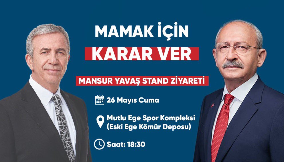 Ankara Büyükşehir Belediye Başkanı Sn. Mansur Yavaş yarın Mutlu Ege Spor Kompleksi’nde stand ziyareti gerçekleştirecektir. 
Tüm halkımız davetlidir. 
<a href="/DpGultekinUysal/">Gültekin Uysal</a> 
<a href="/kilicdarogluk/">Kemal Kılıçdaroğlu</a> 
<a href="/erkindelikanli/">Erkin Delikanlı</a> 
<a href="/mansuryavas06/">Mansur Yavaş</a>