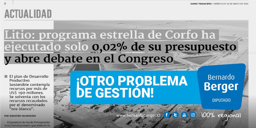 DiputadoBerger's tweet photo. Ya casi llegamos a la mitad del año 2023 y el Programa de Desarrollo Productivo Sostenible, iniciativa estrella de este #Gobierno para utilizar los fondos del #Litio lleva ejecutado un 0,02% de los recursos... Qué pasa señor Presidente @GabrielBoric ? otro fracaso en su gestión? https://t.co/tMQMau90Sl
