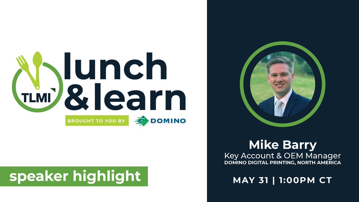 Before logging off for the weekend, register for TLMI's next Lunch n' Learn with Mike Barry from Domino! Register for FREE today ➡️ ow.ly/UkQK50OwJta #TLMI #LabelLeader #TLMITogether #Event #Virtual #Printing #Labels #Packaging #Technology #Growth #Membership