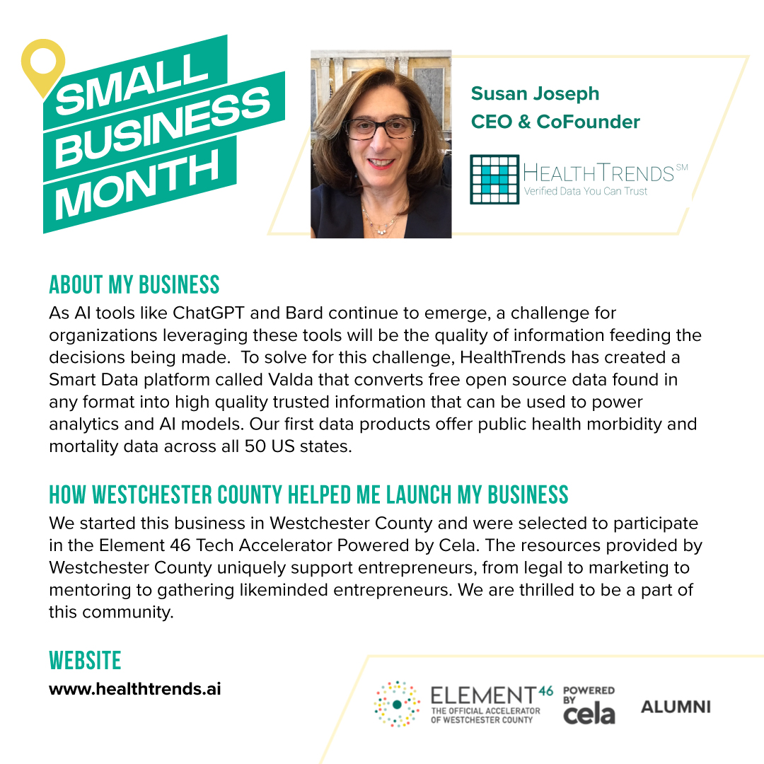 Small Business Month Spotlight: HealthTrends.ai

Another <a href="/Element46Inc/">element46</a> success story: A majority female-owned business, <a href="/AiHealthtrends/">HealthTrends.AI | We're Hiring!</a>'s mission is to enhance the trustworthiness, accessibility, and analysis of public health data.