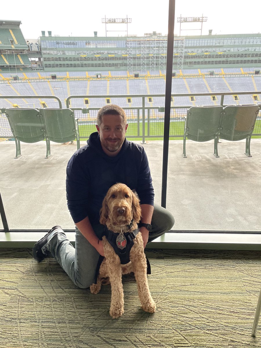 While training in Green Bay, Donut was able to make his first visit to <a href="/LambeauField/">Lambeau Field</a> It was a great time and I think Donut is now a <a href="/packers/">Green Bay Packers</a> fan for life! #TherapyDonut