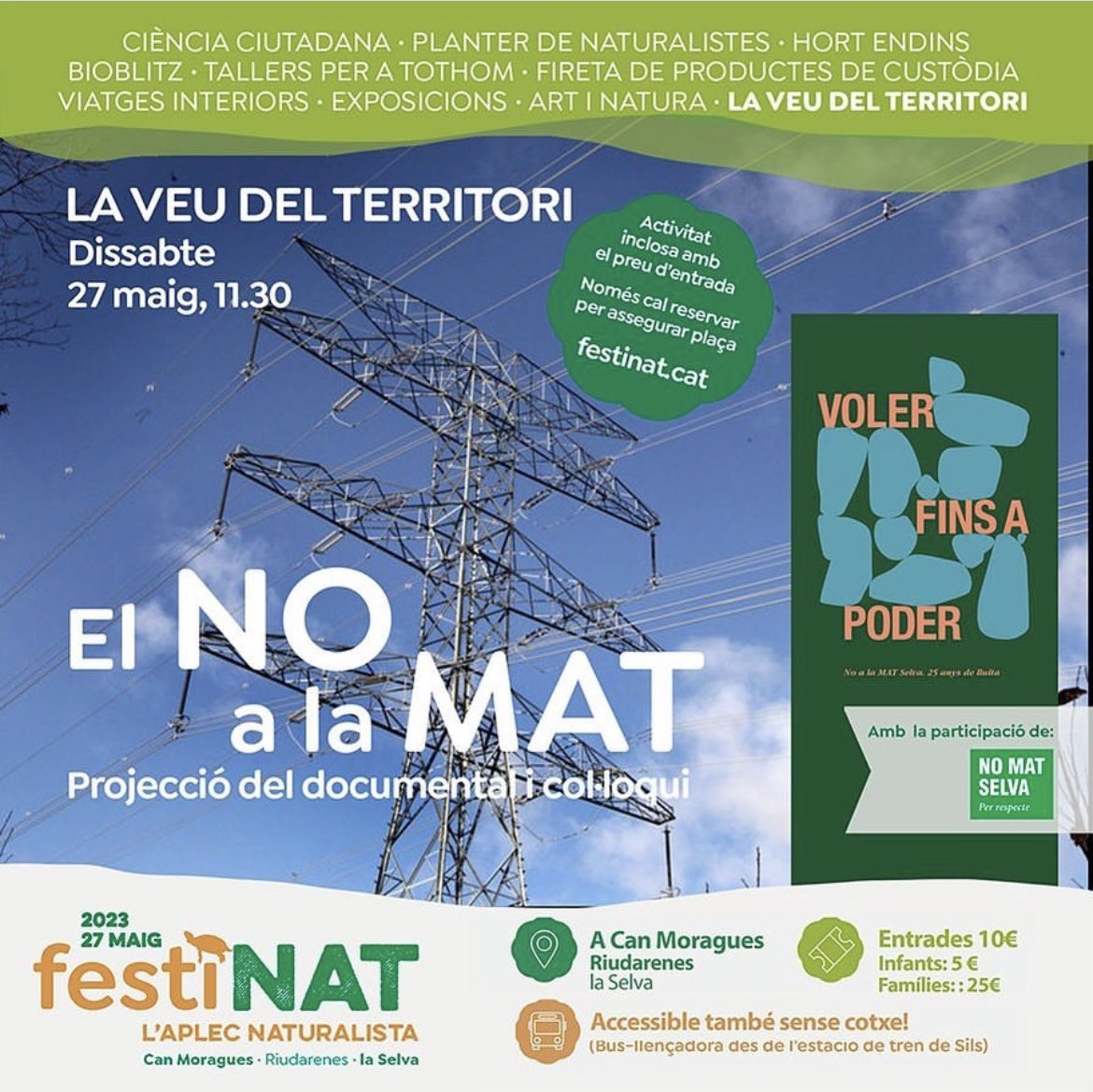 festinat23's tweet image. 💪 Els amics de @NoalaMatSelva projectaran el documental sobre el No a la MAT (“Voler fins a poder”) i ens proposaran un col·loqui per conèixer la #lluita d’oposició a aquesta macroinfraestructura elèctrica des del #territori, i els impactes que tindria la seva construcció.
