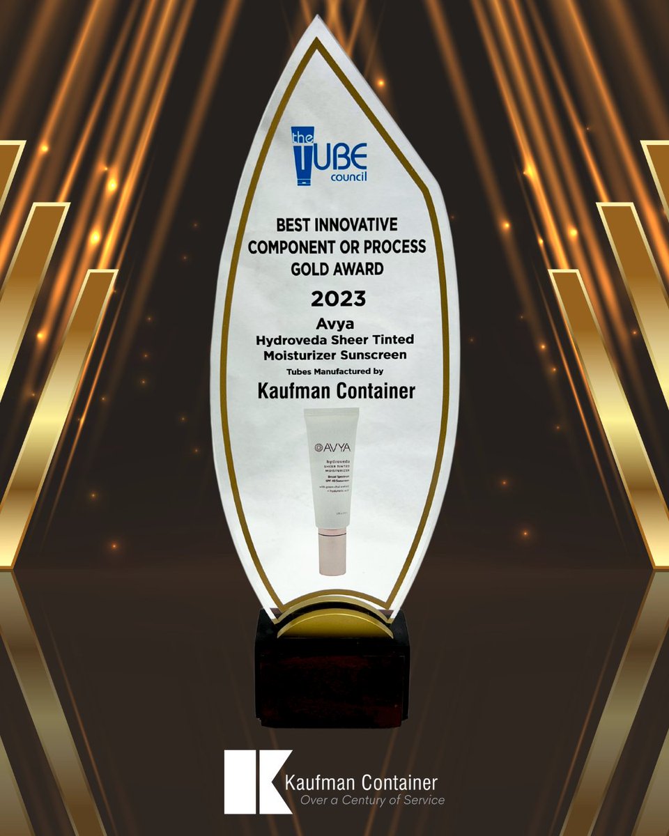 kaufmancont's tweet photo. π During the 2023 Tube Council's annual convention, Kaufman Container was awarded the Gold Award in the Best Innovative Component/Process category for the submission of "Avya Skincare".
#tubecouncil #tubes #plastictubes #packaging #packagingdesign #kaufmancontainer #avyaskincare https://t.co/DMAKMip5q8
