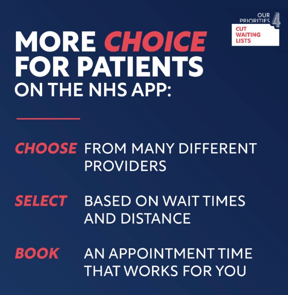 We are empowering patients to choose where they receive treatment as part of our plan to cut waiting lists, allowing patients to choose which hospital they are treated at through the NHS app or website. This could wipe months off patients’ waiting time.
 gov.uk/government/new…