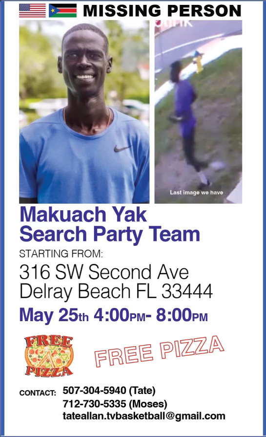 DelrayBeachPD's tweet image. We are still hoping to locate Makuach Yak. He never returned home after going for a run Saturday morning. His family and friends have organized another search party to try and find him. If you see Mr. Yak, please call the Delray Beach Police Department. at 561-243-7800.
