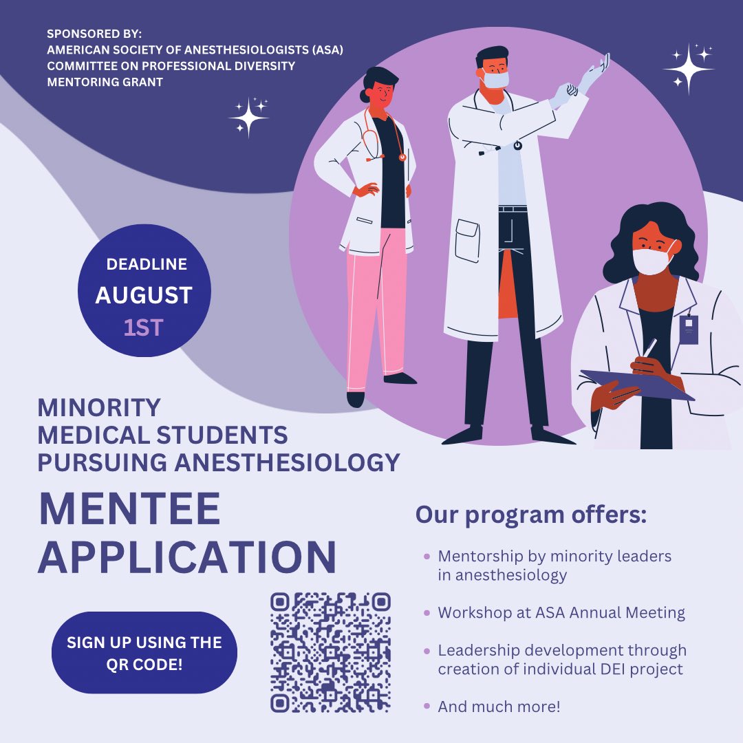 Delayne Coleman (@delaynecoleman) on Twitter photo 📣For minority medical students pursuing #anesthesiology: #mentee applications for our program sponsored by the <a href="/ASALifeline/">ASA®</a> Mentoring Grant is now open! Apply by Aug 1st: bit.ly/3BUitXb
<a href="/FutureAnesRes/">FutureAnesRes</a> <a href="/SNMA/">Student National Medical Association, Inc (SNMA)</a> <a href="/LmsaNational/">LMSA National</a> <a href="/MSPA_National/">Medical Student Pride Alliance</a> <a href="/LGBTQIAnesth/">LGBTQIA(nesthesiology)</a> <a href="/Inside_TheMatch/">Inside The Match</a> 📣For minority medical students pursuing #anesthesiology: #mentee applications for our program sponsored by the <a href="/ASALifeline/">ASA®</a> Mentoring Grant is now open! Apply by Aug 1st: bit.ly/3BUitXb
<a href="/FutureAnesRes/">FutureAnesRes</a> <a href="/SNMA/">Student National Medical Association, Inc (SNMA)</a> <a href="/LmsaNational/">LMSA National</a> <a href="/MSPA_National/">Medical Student Pride Alliance</a> <a href="/LGBTQIAnesth/">LGBTQIA(nesthesiology)</a> <a href="/Inside_TheMatch/">Inside The Match</a>