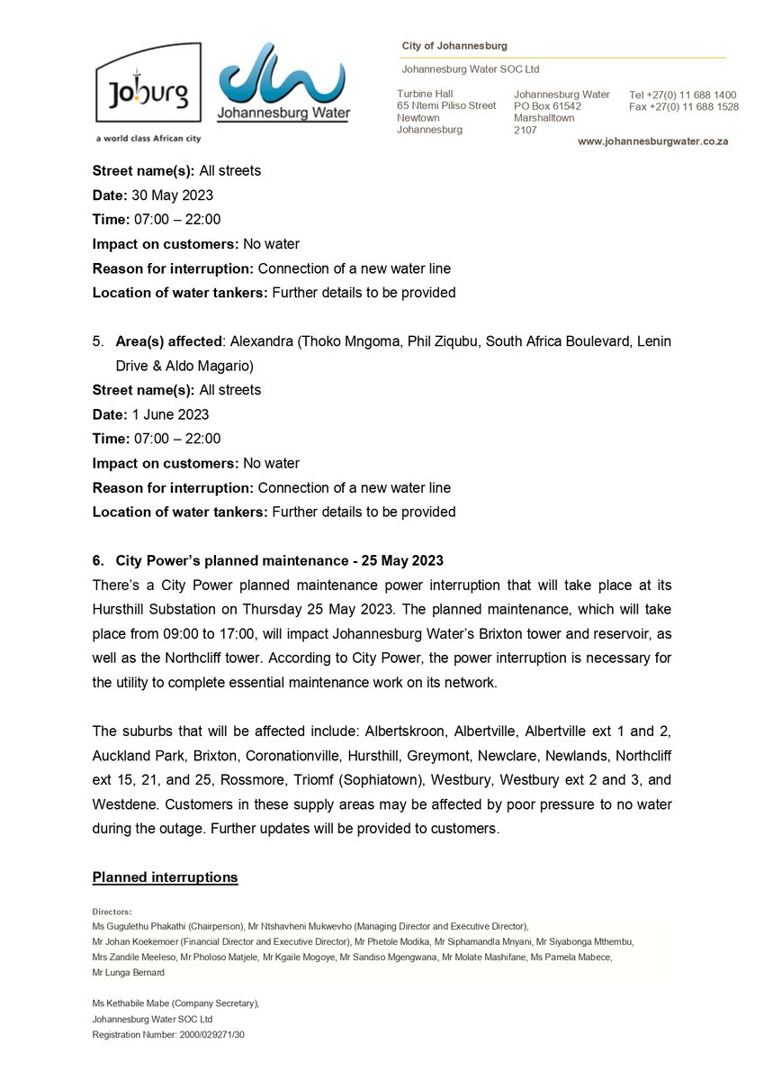 JHBWater's tweet photo. 1/2

Daily water supply system status updates: Thursday, 25 May 2023 (Afternoon) #JoburgUpdates ^N https://t.co/XjokUDsMJC