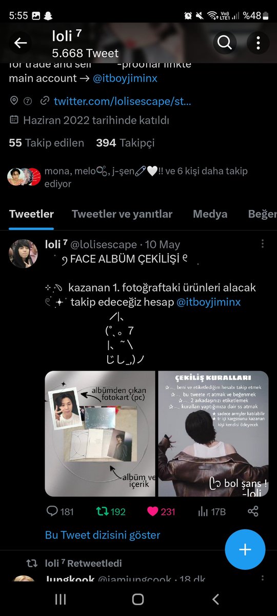 @lolisescape @itboyjiminx @alyeskaben @kthjk123 
Çekiliş için teşekkürlerrr 🥰💜