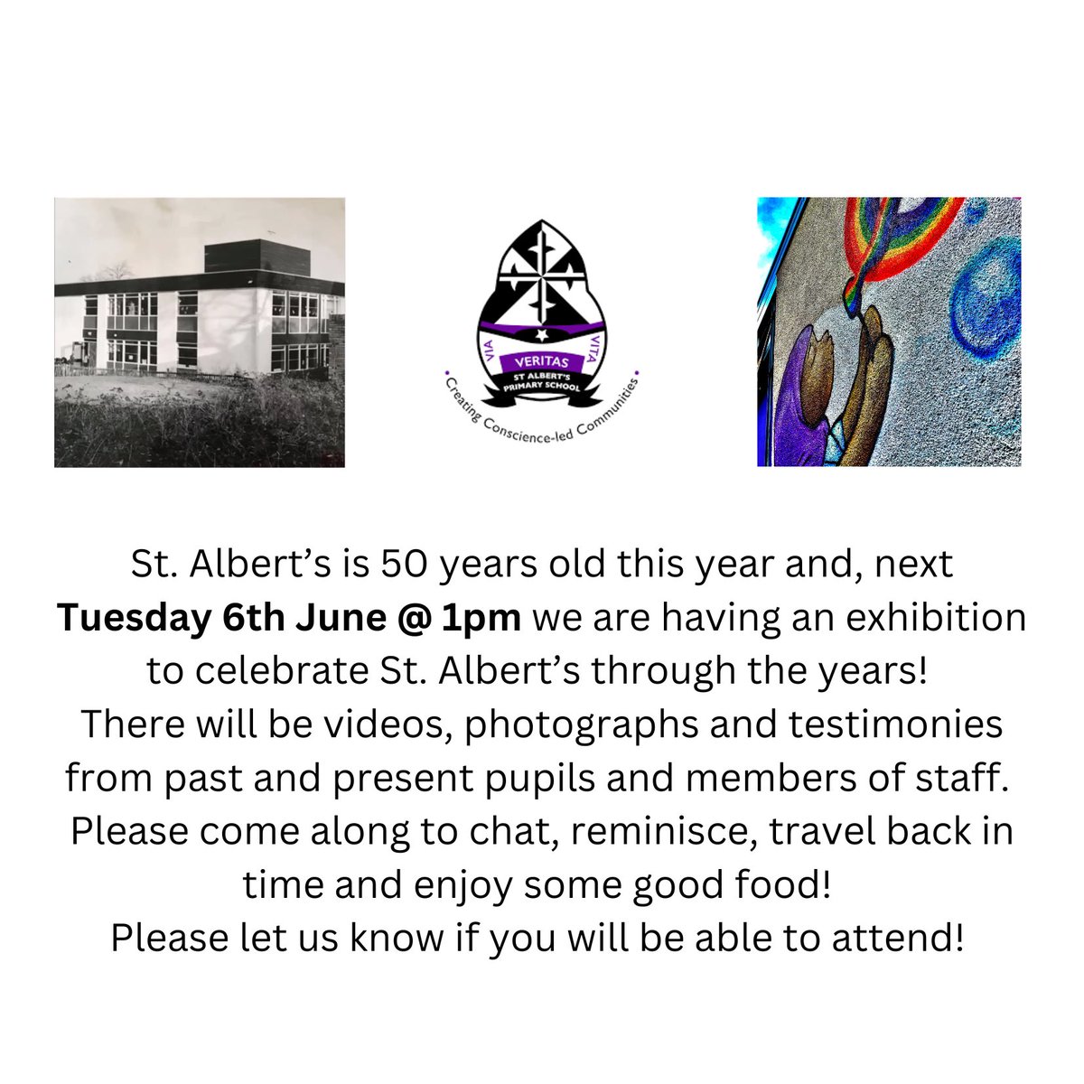 🎉ATTENTION ST. ALBERT’S COMMUNITY 🎉 Please see below the invite to our open afternoon! Come along to view photos through the years, watch a never before seen documentary on the school and take a stroll down memory lane! Please let us know if you’ll be coming along!