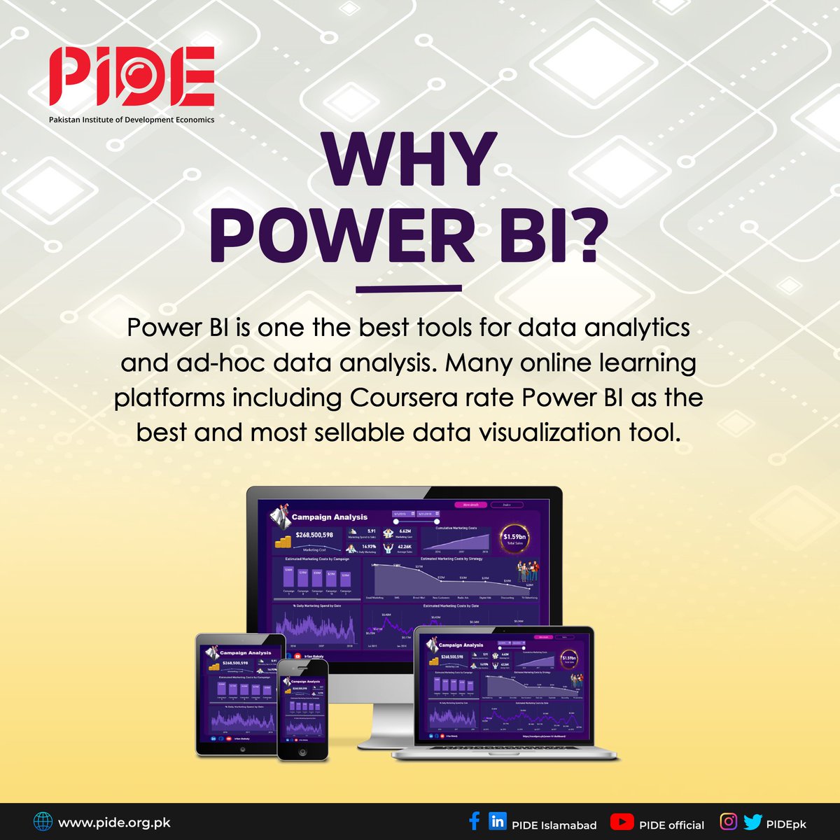 PIDEpk's tweet photo. The Executive Development Center (EDC) at PIDE presents a 2 day training on #PowerBI, one of the best tools for data analytics. 

⚠️ Registration deadline: 02 June 2023

Limited seats. Shortlisted candidates will be contacted via email.

📝 Register here:
https://t.co/rGvr3tl2Ve https://t.co/PHOAlkZ40m