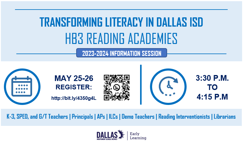 ReadBIGDallas's tweet photo. You are cordially invited to a Reading Academy information session. Follow the link or QR code to register! Come learn about how Dallas ISD will be implementing the Reading Academies for the 2023-24 school year! #ReadBIGDallas #TransformingLiteracy #childrenfirst 📚🍎✨ https://t.co/OURzGNoFNj
