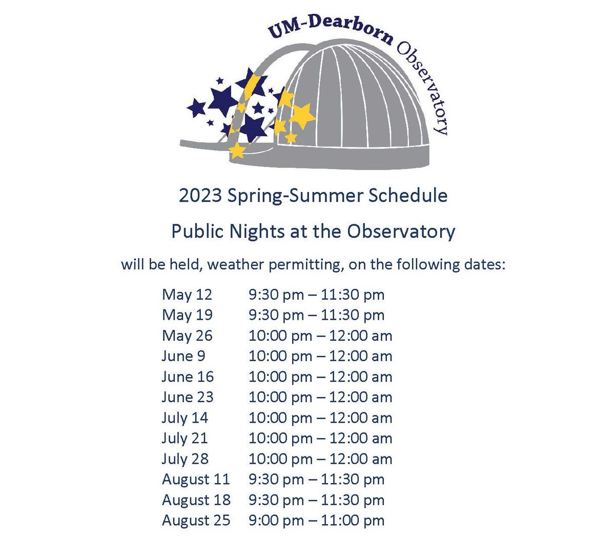 Public Nights at the Observatory!
Join us tomorrow - Friday, June 9, 10:00 pm-12:00 am (weather permitting).
Check out the Observatory website for detailed information: 
umdearborn.edu/casl/centers-i…