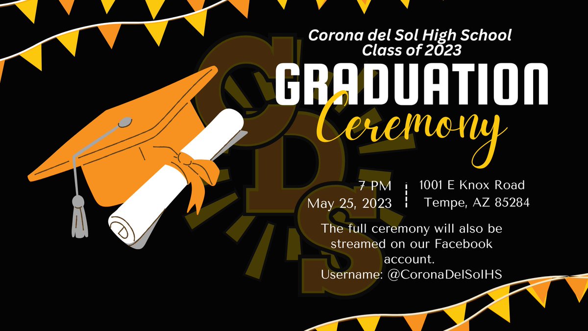 Graduation is here! Congratulations to our Class of 2023 seniors on this huge accomplishment. The ceremony will begin at 7 PM and we will be livestreaming the entire thing on our Facebook page for those of you who cannot join us in person. facebook.com/CoronaDelSolHS/