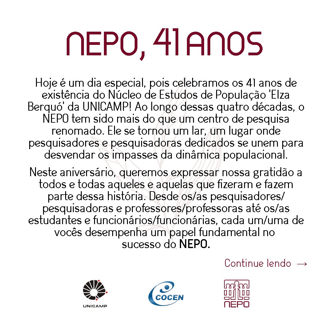 NepoUnicamp's tweet photo. (1/7) 🎉🎊Hoje é um dia especial, pois celebramos os 41 anos de existência do Núcleo de Estudos de População 'Elza Berquó' da UNICAMP! Ao longo dessas quatro décadas, o NEPO tem sido mais do que um centro de pesquisa renomado. https://t.co/4euD2MOE3s