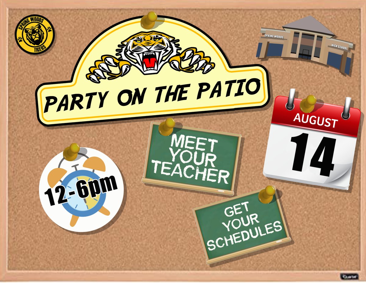 Save the Date Tigers!  Party on the Patio will be Monday, August 14th from 12-6pm!  Meet your teachers, pick up your schedules!  It's going to be a great year!  #allmeansall #TigerProud