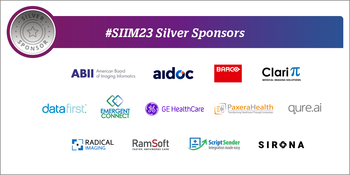Thank you to our #SIIM23 Silver Sponsors! ecs.page.link/iiRgT
@ABIICIIP  @aidocmed  @Barco  Claripi DataFirst @emergentconnect  @GEHealthcare  @paxerahealth  @qure_ai  @RadicalImaging  @Ramsoft  @ScriptSender  @Sirona_Medical