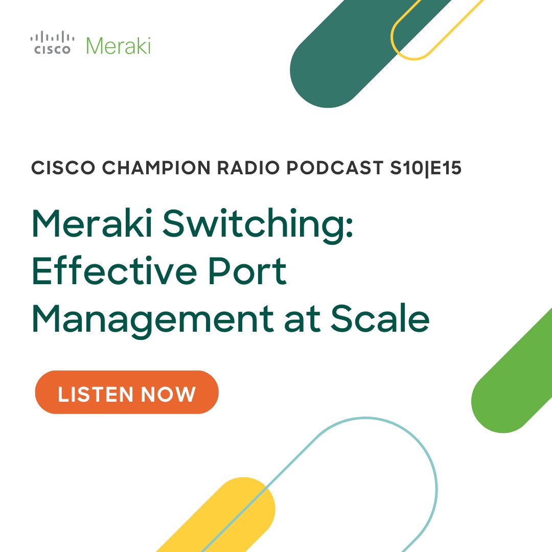 CiscoChampion's tweet image. We have a new episode of Cisco Champion Radio!

In this episode, #CiscoChampions and Meraki Switching experts will delve into the best practices for managing switch ports at scale. 

Listen here: cs.co/6015OiEfJ