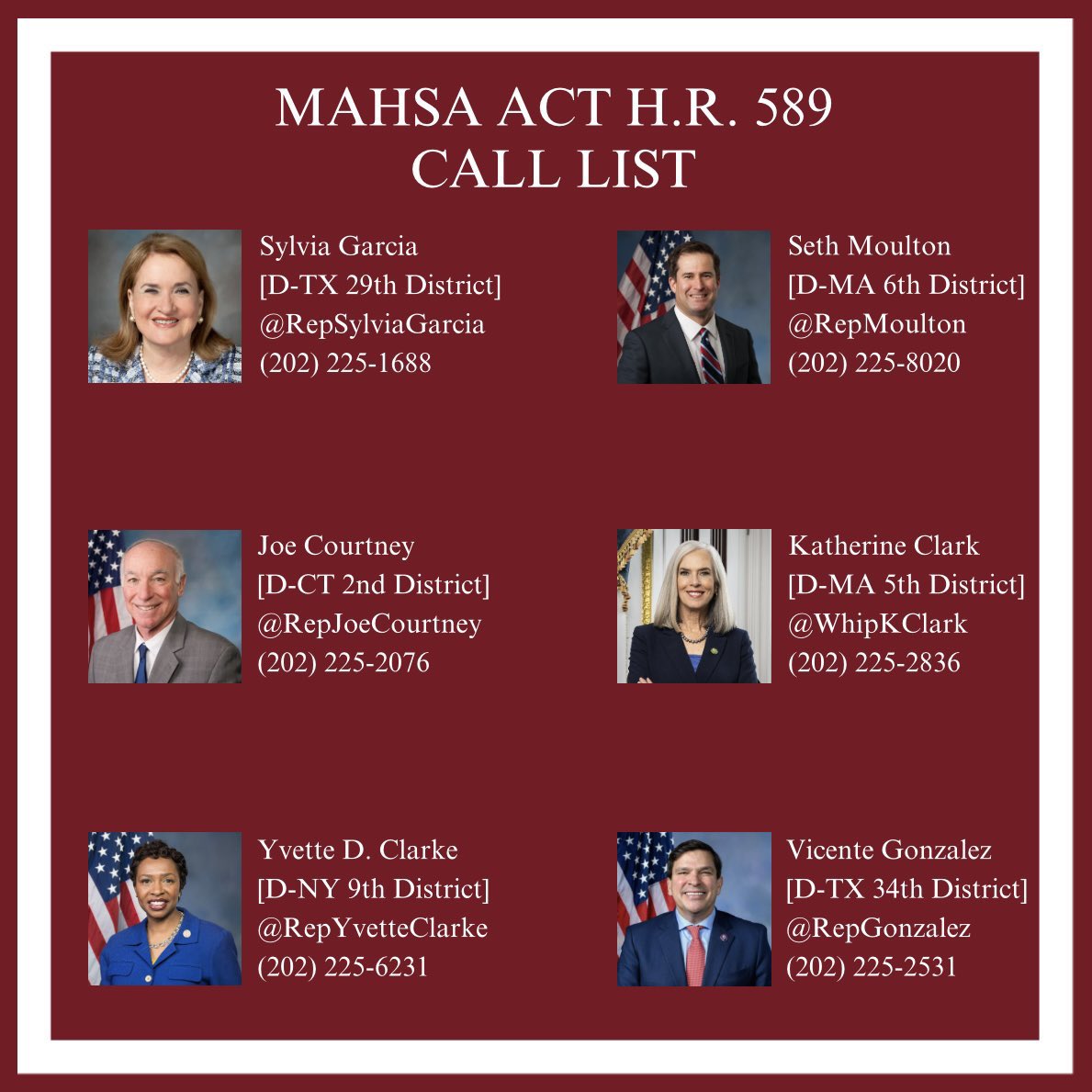 NEW MID-WEEK LIST
Please call the following representatives and ask them to cosponsor the Mahsa Act HR 589.

They have all been vocal about standing with the Iranian people which is crucial to mention in your calls to their offices! 
#MAHSAAct