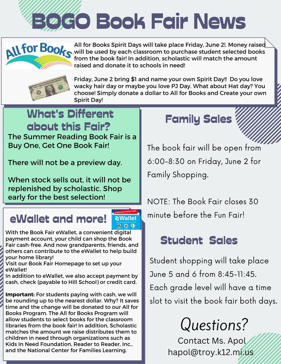 Heidi Apol (@apolmedia) on Twitter photo The Summer BOGO Book Fair is a little over a week away! <a href="/Hill_Huskies/">Hill Elementary School</a> June 2 is a special Spirit Day and Family Night at the FUN Fair! The Summer BOGO Book Fair is a little over a week away! <a href="/Hill_Huskies/">Hill Elementary School</a> June 2 is a special Spirit Day and Family Night at the FUN Fair!