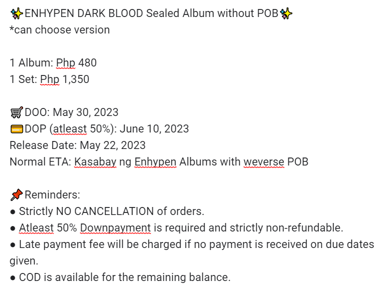 ShopCapop's tweet photo. wts lfb ph

✨ENHYPEN DARK BLOOD Sealed Album without POB✨
*can choose version

1 Album: Php 480
1 Set: Php 1,350

⎙ How to order? Kindly fill-out this form:
https://t.co/6kbix4dPG9

For concerns or inquiries, please send us a DM. Thank you!

#ENHYPEN #capop #capoppreorder https://t.co/JFAEXolPX8
