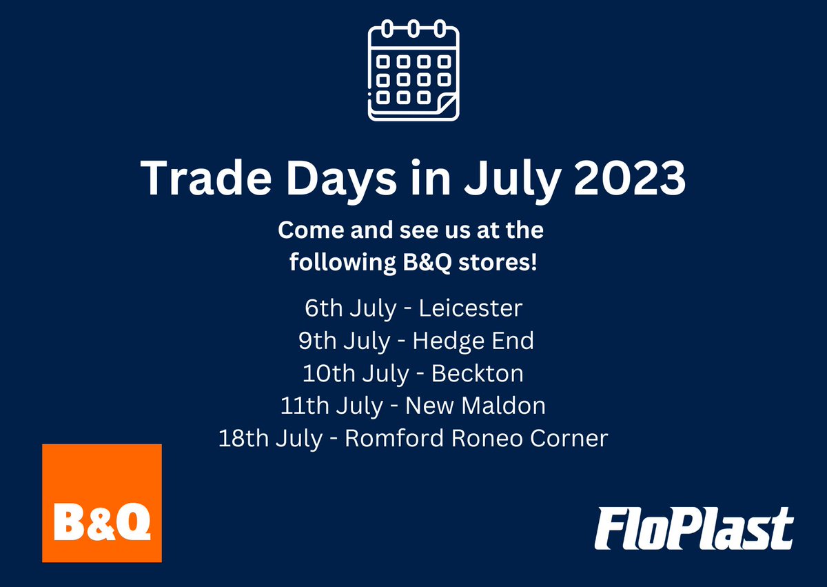 See us at B&amp;Q this month... We will be on hand to answer your FloPlast questions, so if you are in the area come and pay us a visit.

#tradeday #leicester #hedgeend #beckton #newmalden #romfordroneocorner #FloPlast