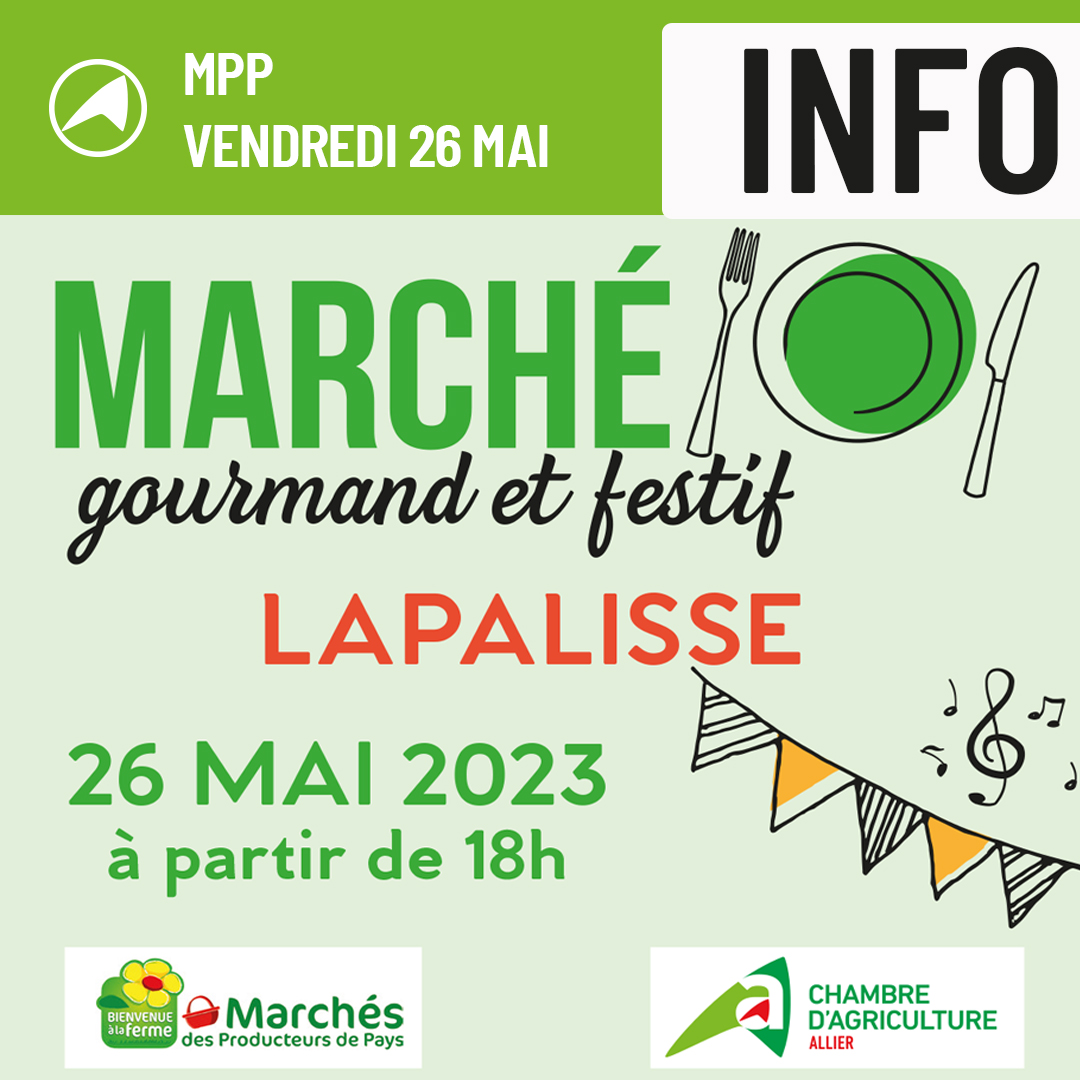 📷 [MARCHE DES PRODUCTEURS DE PAYS A LAPALISSE]
Rendez-vous ce vendredi au Marché des Producteurs de Pays de Lapalisse.

Plus d’informations sur marches-producteurs.com ou auprès de la Chambre d’agriculture au 04 70 48 42 42