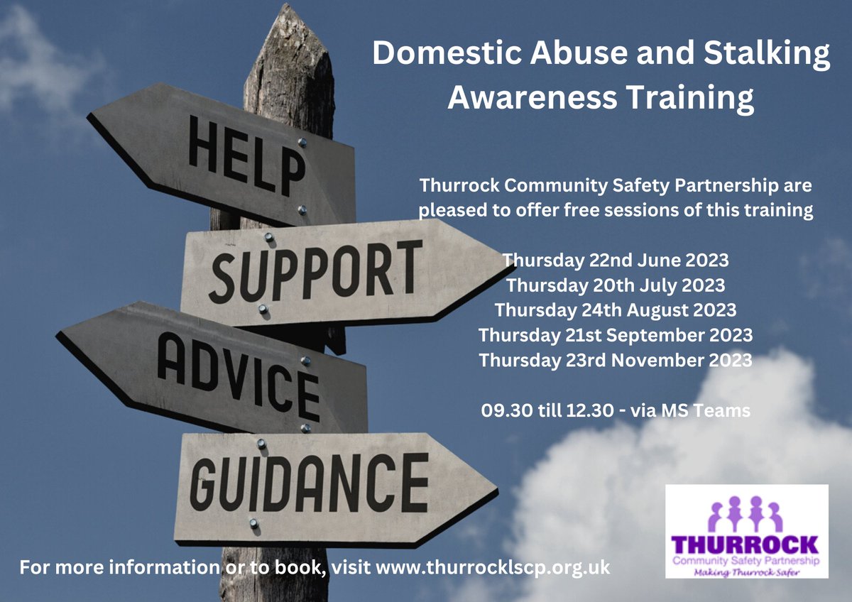 Are you a professional supporting Thurrock residents? Would you know how to respond to concerns of #DomesticAbuse or #stalking? We offer free awareness training on this topic. The next session is 22nd June 09.30 via Teams. Book now👇thurrocklscp.org.uk