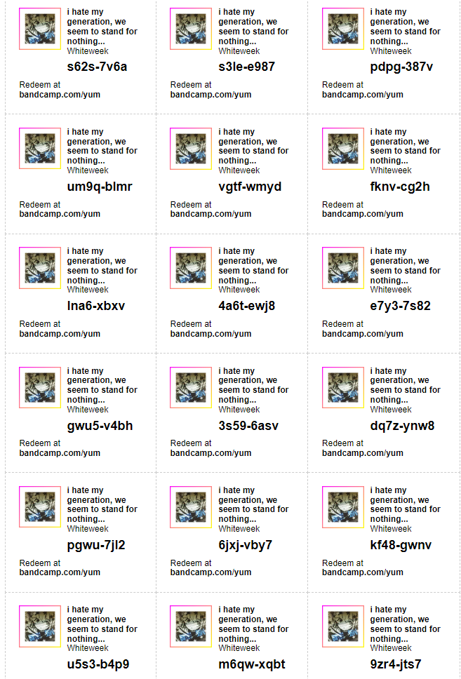 new album out may 31st
here are some download codes
redeem @ whiteweek.bandcamp.com/yum

#breakcore #nintendocore #bandcampfriday #metal #cybergrind #drumandbass #dnb #Jungle #downloadcodes #albumcodes