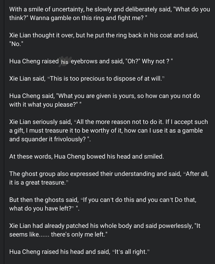 SPOILER ⚱️

Hua Cheng asking Xie Lian to gamble with his ashes, but Xie Lian was to protective to give up on it 😭😭😭