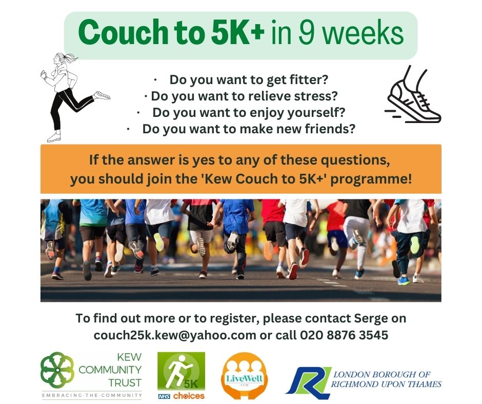 Kew Community Trust (@kewtrust) on Twitter photo Make this your last week on the sofa!šļø
Next Wednesday (31 May) you can join our couch to 5K+ initiative where sitters can get fitter together enjoying weekly progress towards a 5K (3mile) runš
Led by Serge email couch25k.kew@yahoo.com to find out more or sign up! #Kew #TW9 Make this your last week on the sofa!šļø
Next Wednesday (31 May) you can join our couch to 5K+ initiative where sitters can get fitter together enjoying weekly progress towards a 5K (3mile) runš
Led by Serge email couch25k.kew@yahoo.com to find out more or sign up! #Kew #TW9