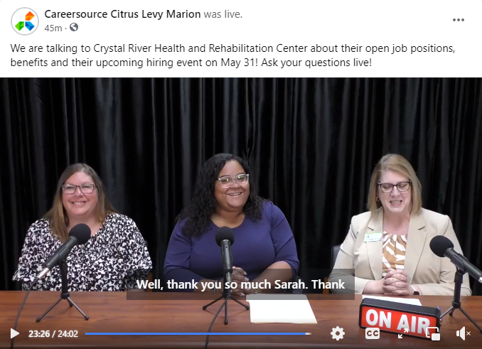 We went #live with the Crystal River Health and Rehabilitation Center and talked with them about their open positions and benefits, and an upcoming hiring event! See the live broadcast: fb.watch/kLbo5BZ-v1/
