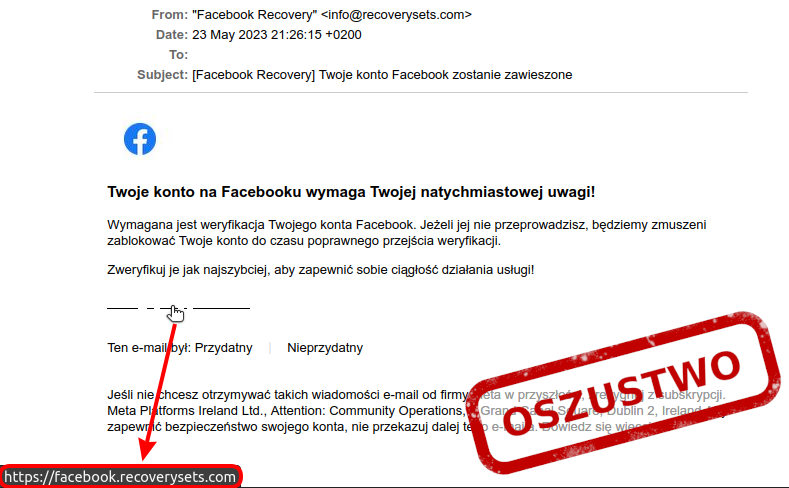 CERT_Polska's tweet photo. ❗ Uwaga, trwa masowa wysyłka maili w ramach kampanii phishingowej wykorzystującej wizerunek #Facebook. Oszuści informują, że konieczna jest weryfikacja konta i w ten sposób wymuszają podanie loginu i hasła do platformy. Takie wiadomości zgłaszajcie do nas. Bądźcie ostrożni!🧐 https://t.co/UlPigRsA46