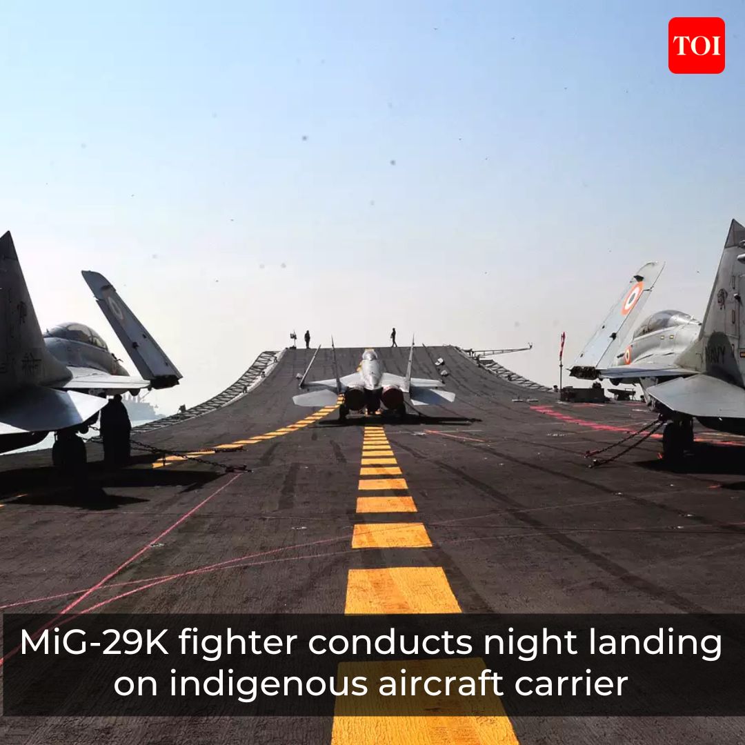 timesofindia's tweet image. In another milestone for India’s first indigenous aircraft carrier #INSVikrant, a #MiG29K fighter undertook night landing on her sprawling deck in the Arabian Sea on Wednesday.  

Read: toi.in/_URQmY43/a24gk