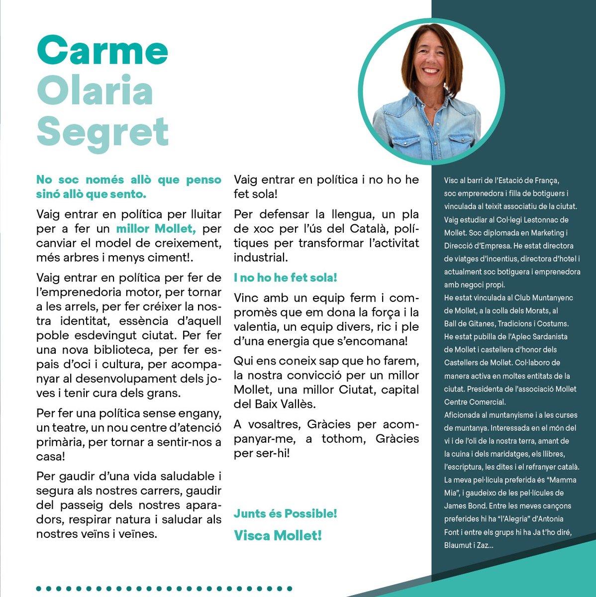 JuntsMollet's tweet photo. ✅ No soc només allò que penso sinó allò que sento. Carme Olaria Segret, Candidata a l'alcaldia de Mollet del Vallès
📌 Programa 2023: https://t.co/5Z7x4mhTZQ
#juntsespossible @carme_olaria #juntspercatalunyamollet #molletdelvalles https://t.co/EIIhblsKOZ