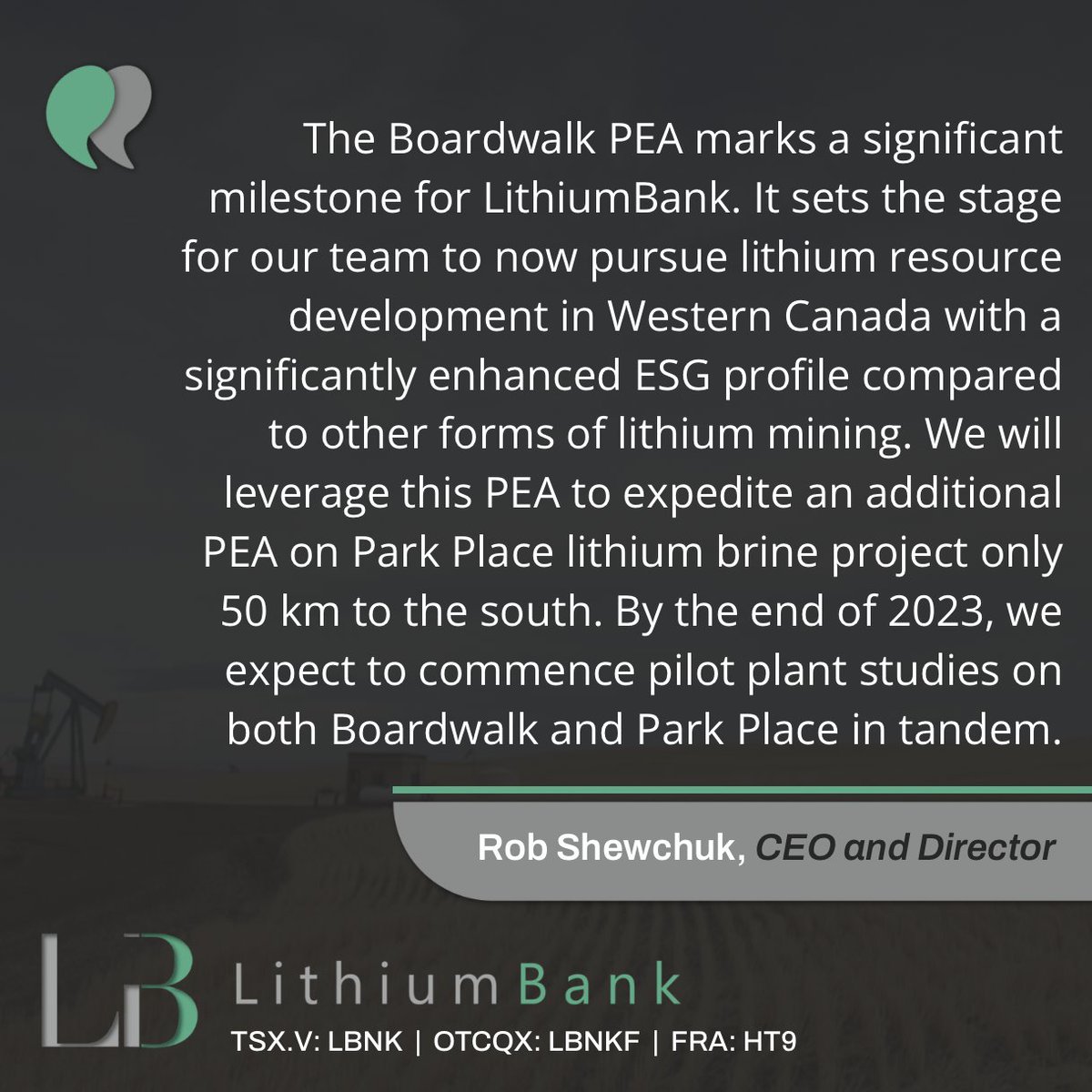 [NEWS] LithiumBank Reports US$2.7 Billion Pre Tax NPV From Preliminary Economic Assessment on a 31,350 TPA LHM Operation at Boardwalk Lithium Brine Project, Alberta, Canada 

Read More 📄  bit.ly/3MB2MJf

$LBNK #Lithium #Li