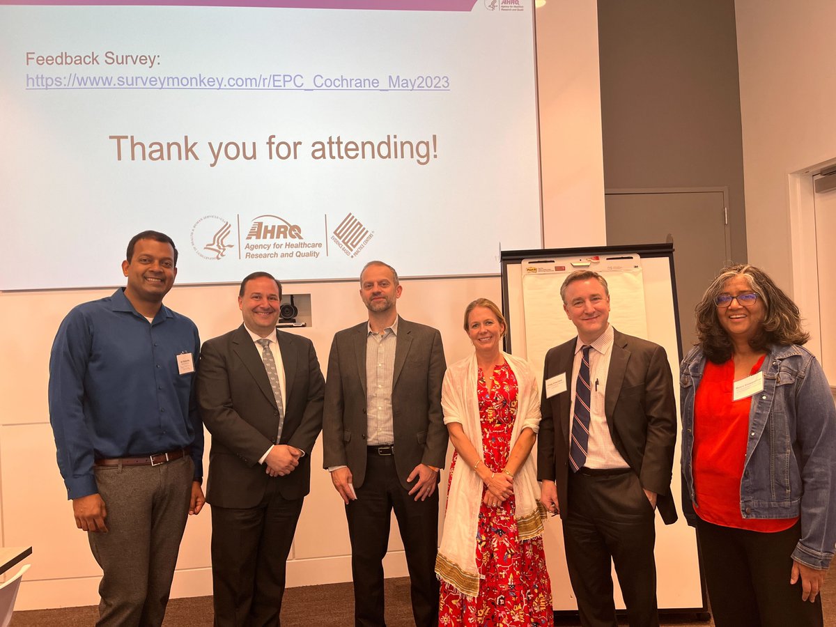 The first in-person picture of Network folks since 2019! We had excellent discussions with our <a href="/AHRQNews/">AHRQ</a> #EvidenceBasedPractice Center (EPC) partners re #crowdsourcing #maternalhealth #healthequity #methods #AI #ML &amp; more. We look forward to subsequent projects!
<a href="/cochranecollab/">Cochrane</a>