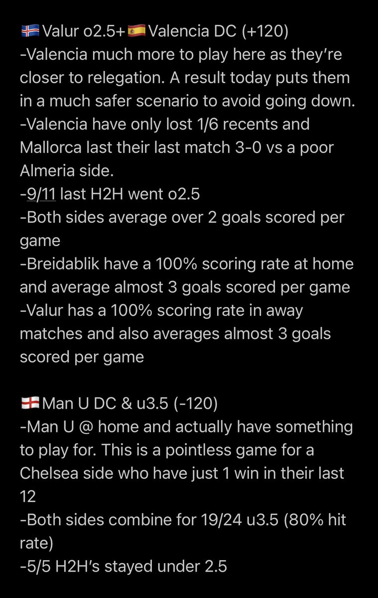 FuckParlays's tweet image. 🔥⚽️FREE PLAYS⚽️🔥

🇮🇸Valur o2.5+🇪🇸Valencia DC (+120)

🏴󠁧󠁢󠁥󠁮󠁧󠁿Man U DC &amp;amp; u3.5 (-120)

Writeups below💰⤵️