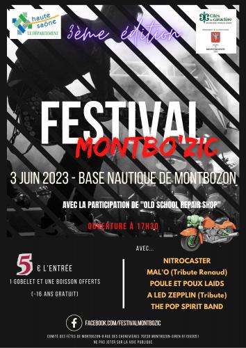 3ème édition du #festival Montbo'Zic le samedi 3 juin 2023 à partir de 17h30 à la Base nautique de Montbozon. 
5 groupes, exposition Harley Davidson.
#hautesaone