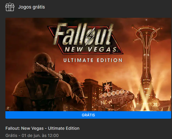 EconoMister Ofertas on X: Jogo Grátis para resgate na Epic Games Fallout: New  Vegas - Ultimate Edition   /  X