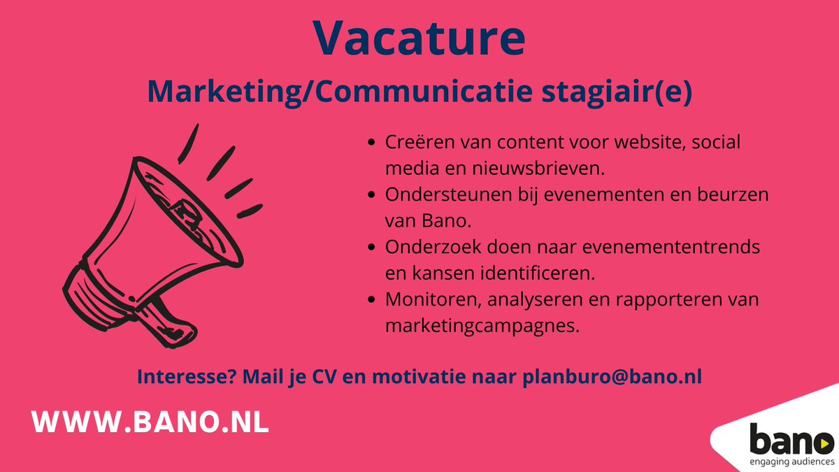 Passie voor marketing en/of communicatie? Bano zoekt een enthousiaste stagiair(e)! Stuur CV en motivatie naar planburo@bano.nl. We kijken uit naar je sollicitatie!

#Bano #EvenementenTechniek #Stagevacature #MarketingCommunicatie #PassieVoorEvenementen