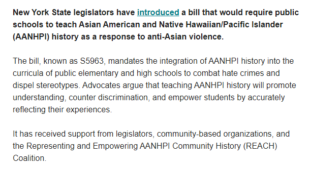 BAANorg's tweet photo. From @NextShark 

New York State legislators have introduced a bill that would require public schools to teach Asian American and Native Hawaiian/Pacific Islander (AANHPI) history to combat hate crimes and dispel stereotypes.

https://t.co/fbd5nqONSN

#StopAAPIHate
#StopAsianHate https://t.co/FQ0lzRSgyw