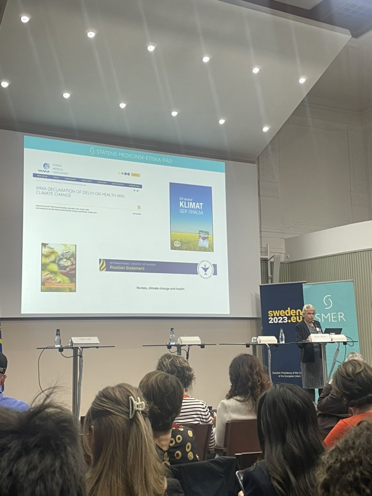 LilasAli's tweet photo. Professor Kerstin Nilsson presents @ a the NEC forum on the ethical challenges for the health care sector due to the climate crisis &amp; illustrates the work that has been done by the health care profession societies in Sweden on the issue. @Swenurse_Kansli https://t.co/MUoeh3vMHW