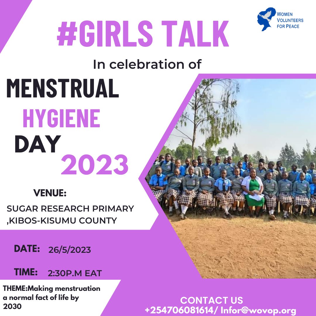 WOVOP_org's tweet photo. In celebration of #MenstrualHygieneDay2023, we will be conducting #GirlsTalks at Sugar Research Primary School, Kibos- Kisumu to impact our young girls with the required knowledge on #Menstruation. This is the time to bring back the lost dignity!!
Menstruation is not a taboo!! https://t.co/1SsMSeHuWR